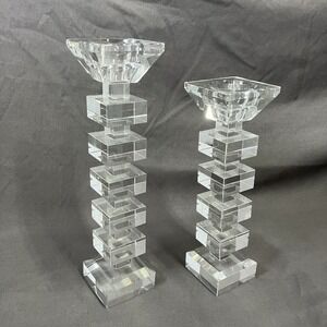 2 - Modern Glass Taper & Tealight Candle Holders /Square Block Contemporary/Flaw
